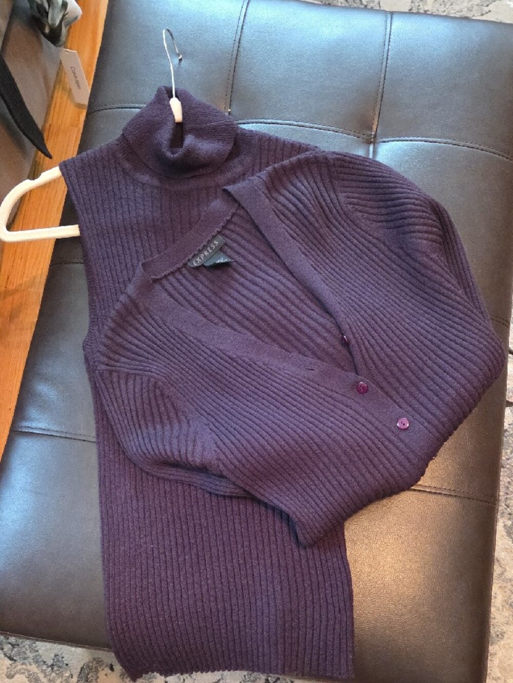 Express Purple Sleeveless Ribbed Turtleneck with Matching Button Cardigan